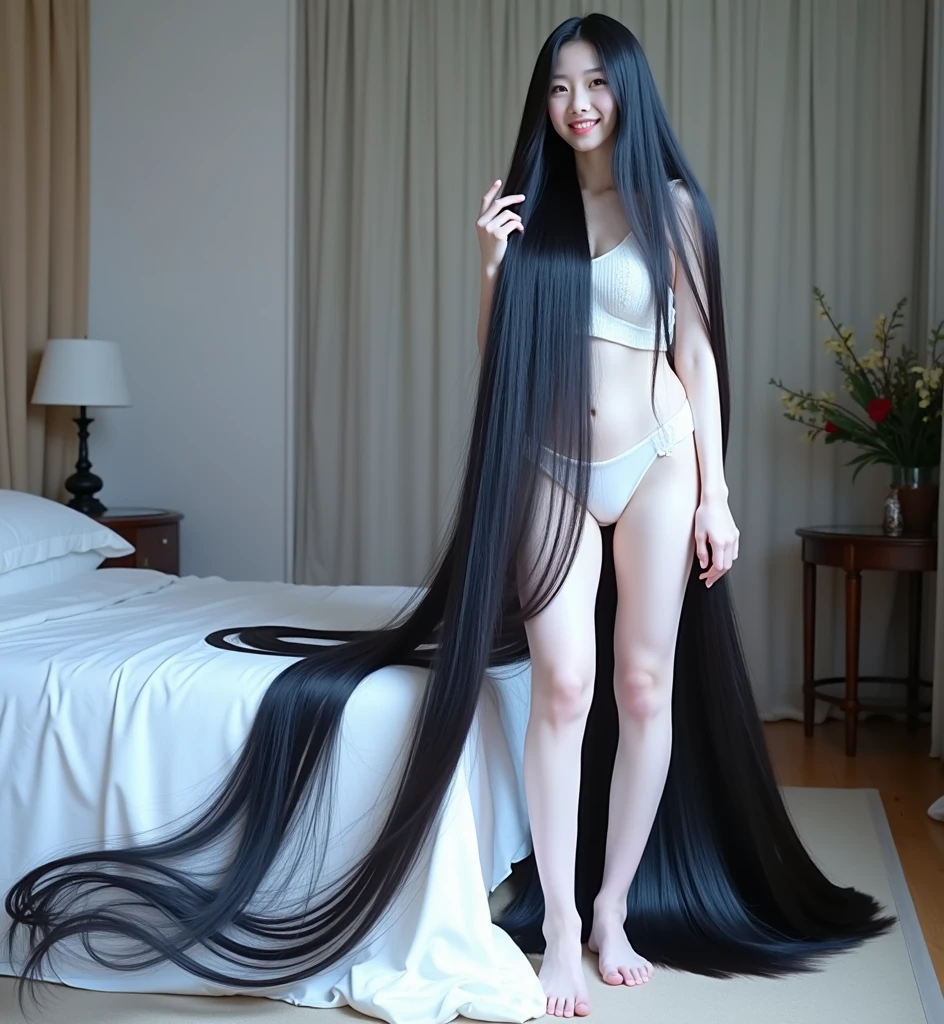 (best image quality、highest quality、highest resolution、Ultra-realistic photography、full body photo、masterpiece、16k、)one girl。Super super long hair black hair。Hair length is over 10 meters。Location is bedroom。super ultra long hair。Her hair is so long it's very heavy。Maintaining her black hair that's over 10 meters long is a lot of work。She's playing with her very long hair。When I lifted my long hair with both arms,、Beautiful silky hair flutters up、Overflowing into the room。The most beautiful face in the world。smile。