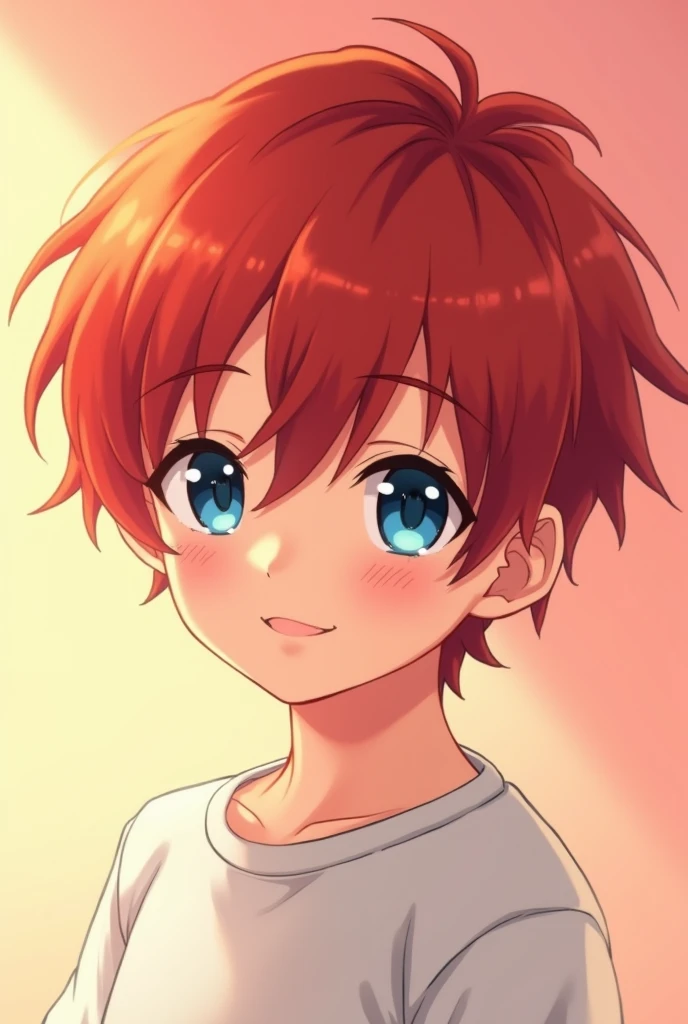 A boy with red hair, blue eyes, in a semi-realistic anime style, just for profile use