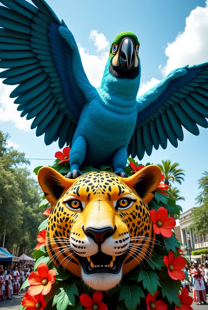 float with a large blue macaw with open wings and a jaguar&#39;s head on the front seen from the side
