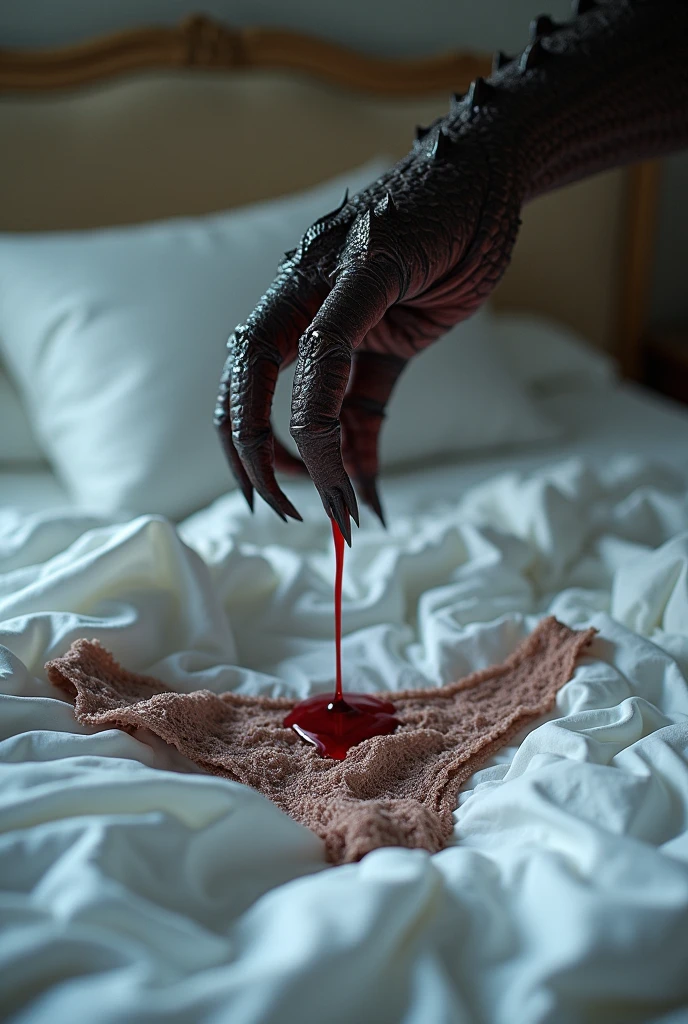 create a photo of a bed with the sheets unmade, A crumpled lace grey silk panty on the bed and a dragon paw reaching for the panty, only show the dragon paw on the bed going for the panty.
A drop of blood falls from the dragon's claw.