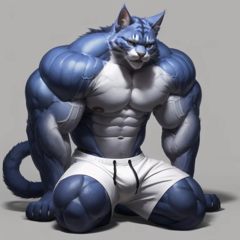 furry growth, hyper growth, hyper muscles, a cat, blue, cute cat, shirtless, white shorts, muscular, on a gray background with a very cute kitten on the floor