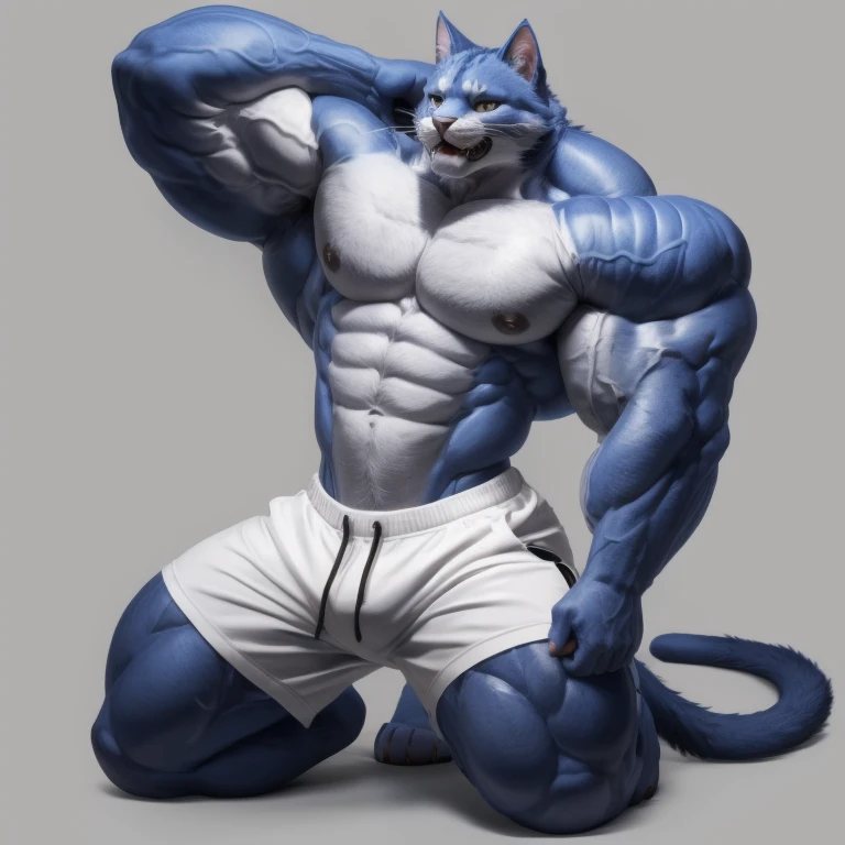 furry growth, hyper growth, hyper muscles, a cat, blue, cute cat, shirtless, white shorts, muscular, on a gray background with a very cute kitten on the floor