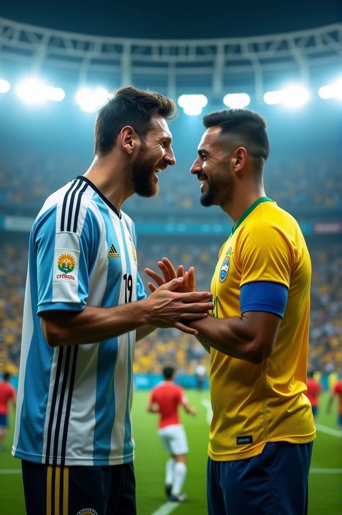 Messi arguing with Roberto Carlos (Messi's clothes: Argentina with 2 stars) (Roberto Carlos's clothes: brazil shirt)