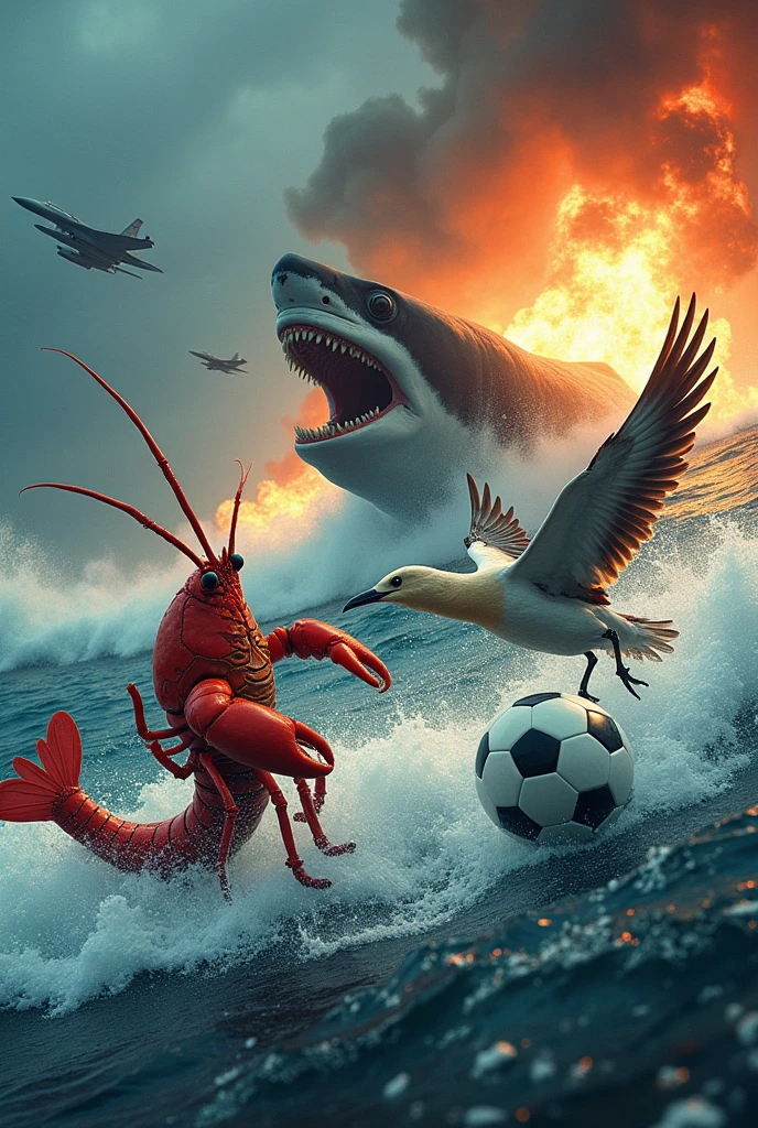 I wanted a lobster and a wild albatross playing soccer in the middle of the sea while the kraken, Megalodon and fighter jets are chasing them. Everything is catching fire