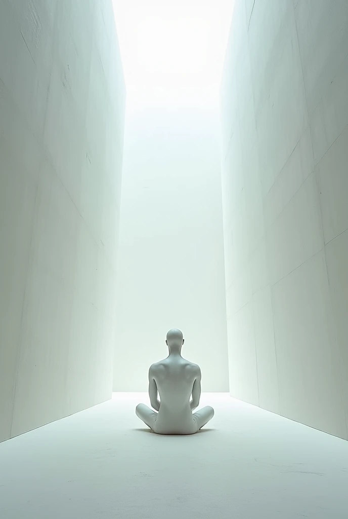 Imagine a character who transcends the human, a god who embodies the essence of emptiness and loneliness. This being, a humanoid man with completely white skin, is in an empty room sitting, watching in boredom