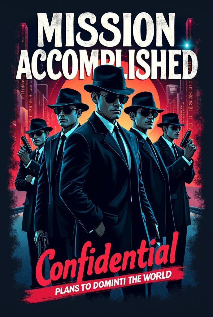 create a t-shirt with the following things: "Mission Accomplished":
• Secret Agent Theme, with the gang portrayed as spies on a final mission.
• Phrase: "confidential: Plans to dominate the world."