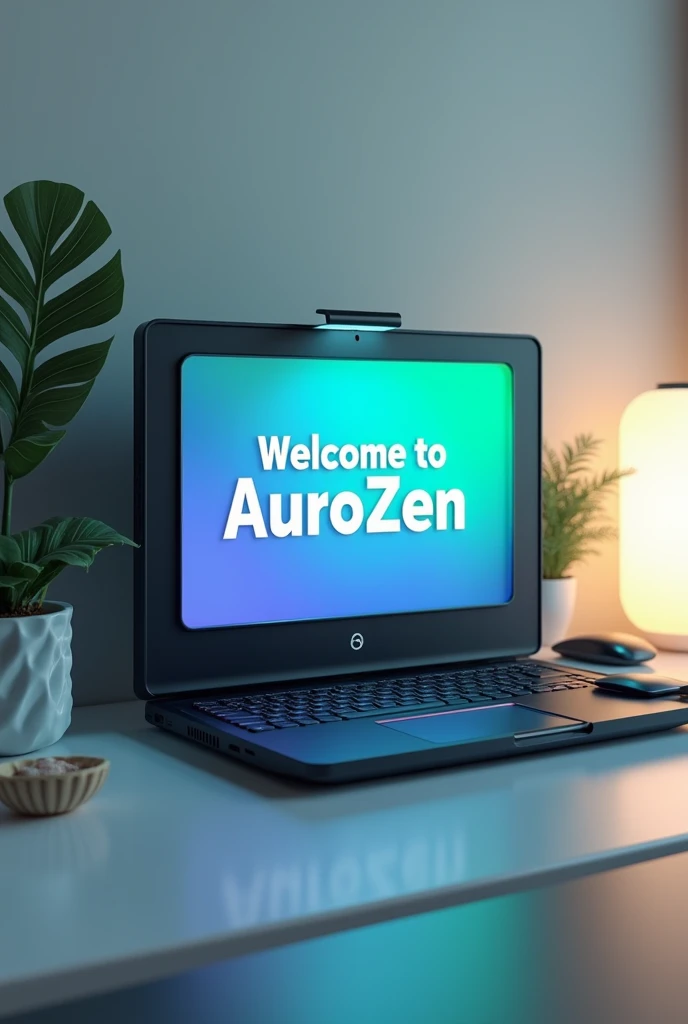 Create a 3D image of a computer with the text 'Welcome to AuroZen' displayed prominently.