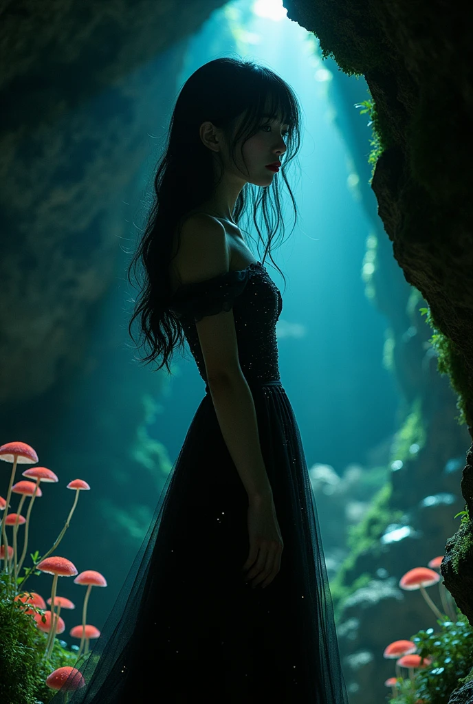 A pale skinned korean girl, full body, slender, , black hair, thin red lips, mole under left brow, a black dress, a cave, fairy, ethereal, CLEAR IMAGE