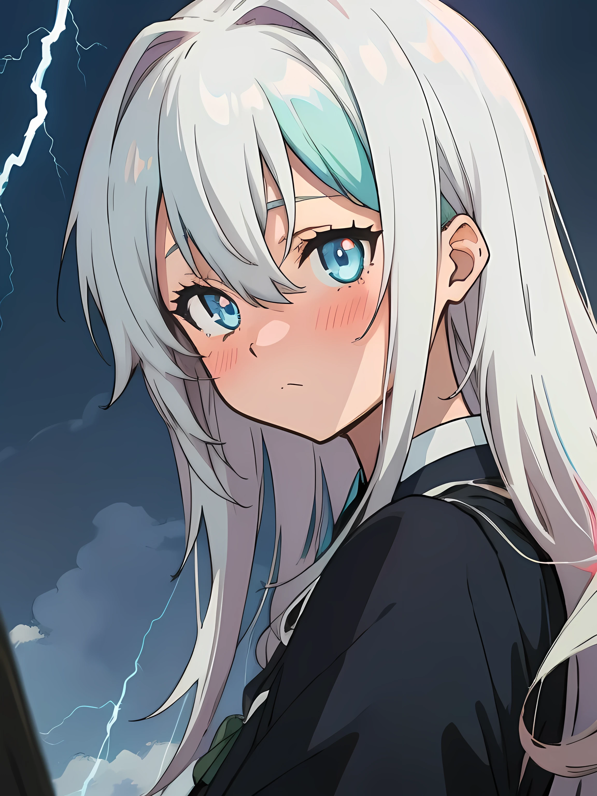 female character, light sky blue eyes, hollow pupils, blush, masterpiece, best quality, gorgeous, cute, teenager, 1woman, adult, tuft of hair on side, hair between eyes, messy hair abuse, long hair, silver white hair, hairy, nose blush, anime, gothic art, 2d anime style, hololive studio, depth of field, cinematic, anime lightning and shadows, backlightning, wide-angle, high resolution, black vest, shikimori's not just a cutie, fujicolor, fujifilm, japanese anime art, upper body