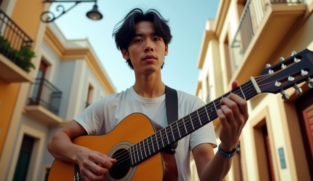 A super wide-angle lens (sometimes fisheye
lens), a hyper detailed photorealistic, handsome asian male , neat messy black hair, wearing tshirt, playing accoustic guitar at the street of Mijas Pueblo in the middle of summer, he is looking forward to camera, slightly looks, rendered in brilliantly colored, high resolution, 4K render
