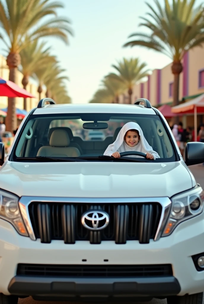 A pure white Toyota Prado, a , her small hands on the steering wheel, a white veil, photographed from the left side of the car at a distance of 7 metres, the photo was taken in the Kingdom of Saudi Arabia, the city of Jeddah, a lively market and palm trees.