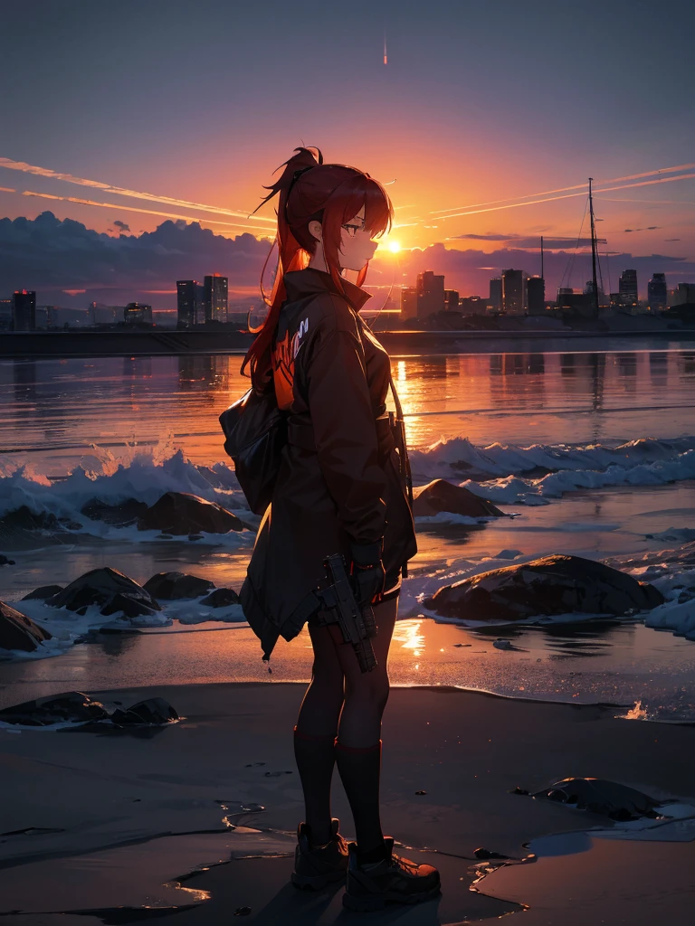 force, Multiple names, Cityscape, building, Skyline, sunset, Silhouette against a cloud background, meditation. Watching the beautiful sunset, sunset時に, sunset時, sunsetとともに, In the sunset, Nice views, Sunset view, With the sunset, sunset時に, During Golden Hour, looking sunset時に, Sunset in the background, Watching the sunset, Get noticed, Holding_gun, assault_rifle, Very detailed, Red Hair, Angry expression,Wearing a black fur jacket, Medium Hair,ponytail, Anime Style, whole body, alone, Stylish Gunfighter Girl, スチームパンクの長gun身ピストルを持っている,Standing in the Wilderness, 8K high resolution, White Background, The background is a dark and desolate landscape, Horror movie atmosphere. Her figure is very beautiful, Emphasizing the dark and crazy elements. Skillfully expressing the effects of light and shadow, Anime girls with guns and rifles, from Girl&#39; Forefront, Mechanized Soldier Girl, &#39; Forefront style