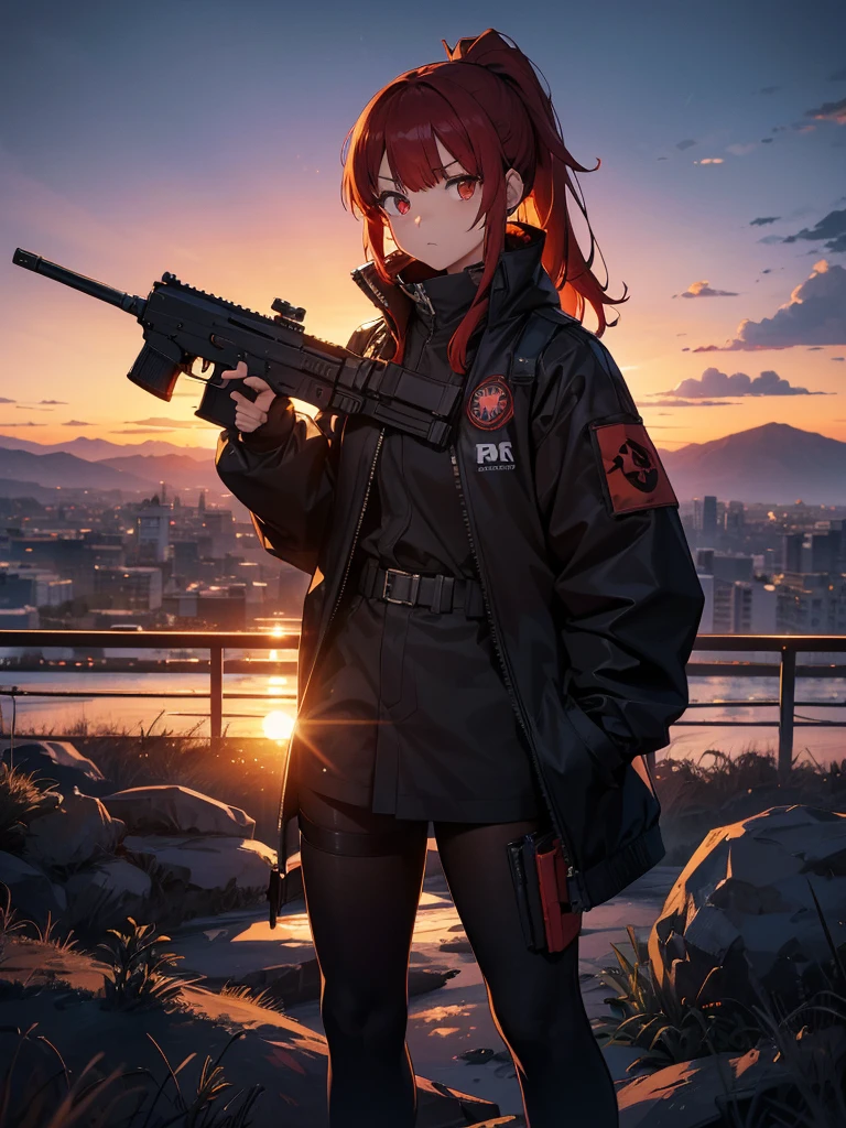 force, Multiple names, Cityscape, building, Skyline, sunset, Silhouette against a cloud background, meditation. Watching the beautiful sunset, sunset時に, sunset時, sunsetとともに, In the sunset, Nice views, Sunset view, With the sunset, sunset時に, During Golden Hour, looking sunset時に, Sunset in the background, Watching the sunset, Get noticed, Holding_gun, assault_rifle, Very detailed, Red Hair, Angry expression,Wearing a black fur jacket, Medium Hair,ponytail, Anime Style, whole body, alone, Stylish Gunfighter Girl, スチームパンクの長gun身ピストルを持っている,Standing in the Wilderness, 8K high resolution, White Background, The background is a dark and desolate landscape, Horror movie atmosphere. Her figure is very beautiful, Emphasizing the dark and crazy elements. Skillfully expressing the effects of light and shadow, Anime girls with guns and rifles, from Girl&#39; Forefront, Mechanized Soldier Girl, &#39; Forefront style