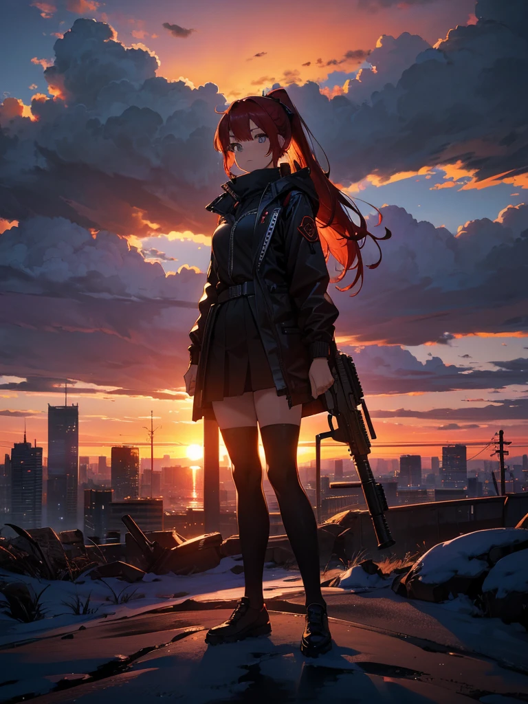 force, Multiple names, Cityscape, building, Skyline, sunset, Silhouette against a cloud background, meditation. Watching the beautiful sunset, sunset時に, sunset時, sunsetとともに, In the sunset, Nice views, Sunset view, With the sunset, sunset時に, During Golden Hour, looking sunset時に, Sunset in the background, Watching the sunset, Get noticed, Holding_gun, assault_rifle, Very detailed, Red Hair, Angry expression,Wearing a black fur jacket, Medium Hair,ponytail, Anime Style, whole body, alone, Stylish Gunfighter Girl, スチームパンクの長gun身ピストルを持っている,Standing in the Wilderness, 8K high resolution, White Background, The background is a dark and desolate landscape, Horror movie atmosphere. Her figure is very beautiful, Emphasizing the dark and crazy elements. Skillfully expressing the effects of light and shadow, Anime girls with guns and rifles, from Girl&#39; Forefront, Mechanized Soldier Girl, &#39; Forefront style