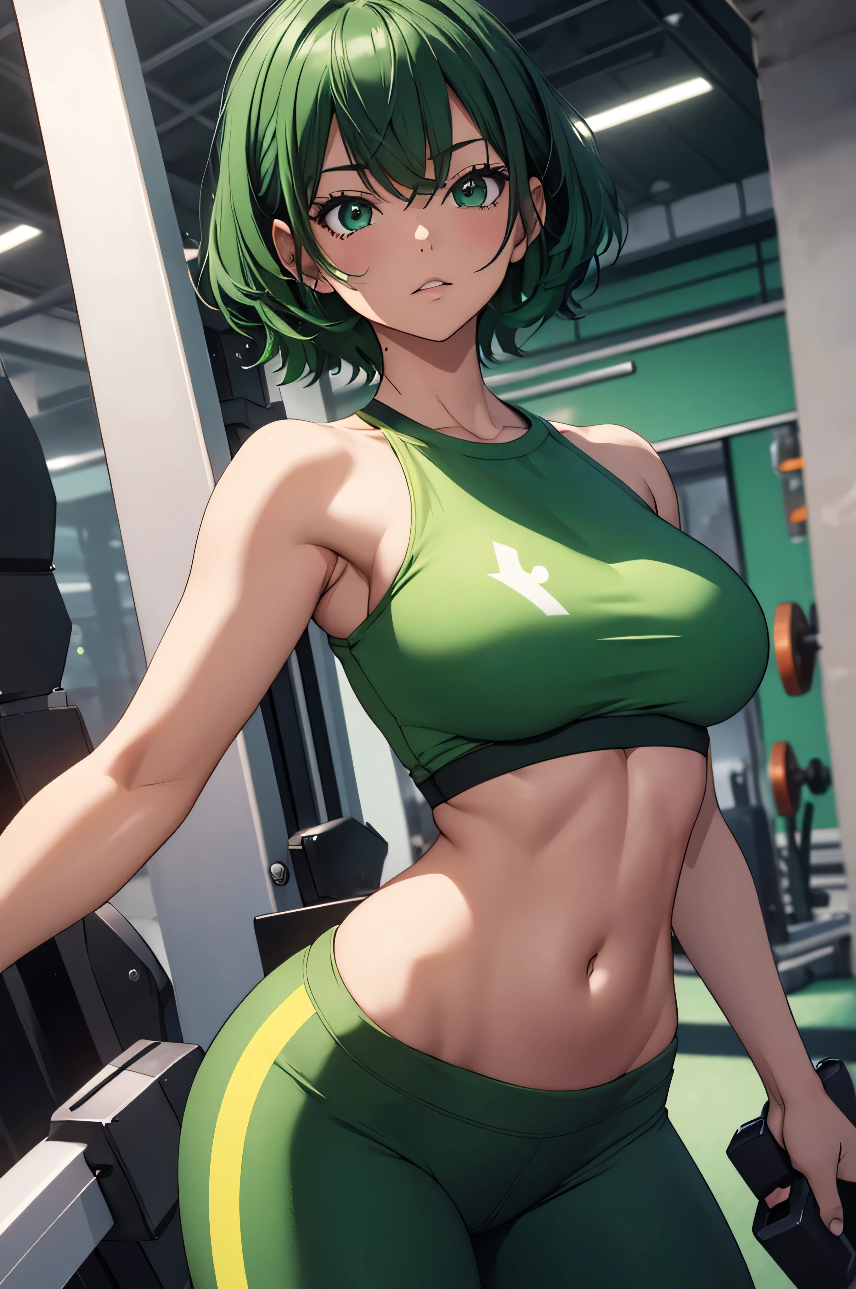 1 girl, izuku midoria as a stunning girl, short green hair, tight gym leggings and a white crop top, gym, high res, ultra sharp, 8k masterpiece