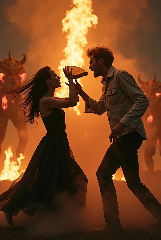 Imagine Mitski and Jimmy Urine fighting to the death over a slice of bread, with fire and demons behind them while they're beating each other up and very angry.