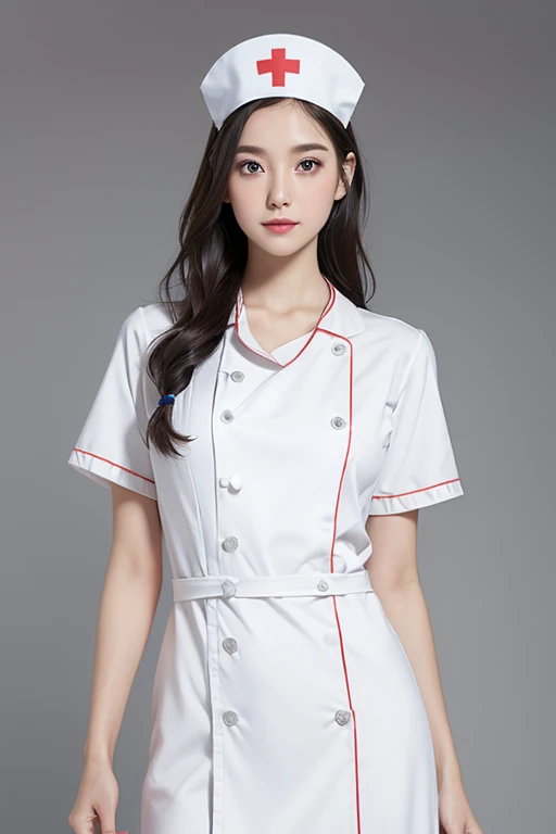 1 girl,(Wearing white nurse clothes:1.2),(RAW Photos, Highest quality), (Realistic, photo-Realistic:1.4), masterpiece, Very delicate and beautiful, Very detailed, 2k wallpaper, wonderful, finely, Very detailed CG unity 8k wallpaper, Very detailedな, High resolution, Soft Light, Beautiful detailed, Very detailed eyes and face, Beautiful and detailed nose, finely beautiful eyes, nurse, Perfect ???????, Black Hair, Upstyle, nurse uniform, ((nurse cap)), Long skirt, nurse, White costume, thin, hospital, clear, White Uniform, hospital room, Neck auscultation,Close your face,