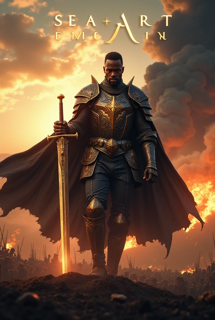 A movie poster depicting a Cavaleiro negro wielding a sword on a battlefield with the words "SeaArt x infinito" (work of art, Maximum quality, high resolution, highly detailed 8K unified CG wallpaper), enormous dazzling photo of the warrior, very strong, detailed helmet, perfect proportions, Slim Body Beauty:1.3), (The medieval Knight in luminous armor:1.5) (I have a torn black cape., Vestindo detailed armor, used in finely crafted, detailed armor, with a sword hanging from a thick belt:1.5, from above view, male knight, INFO