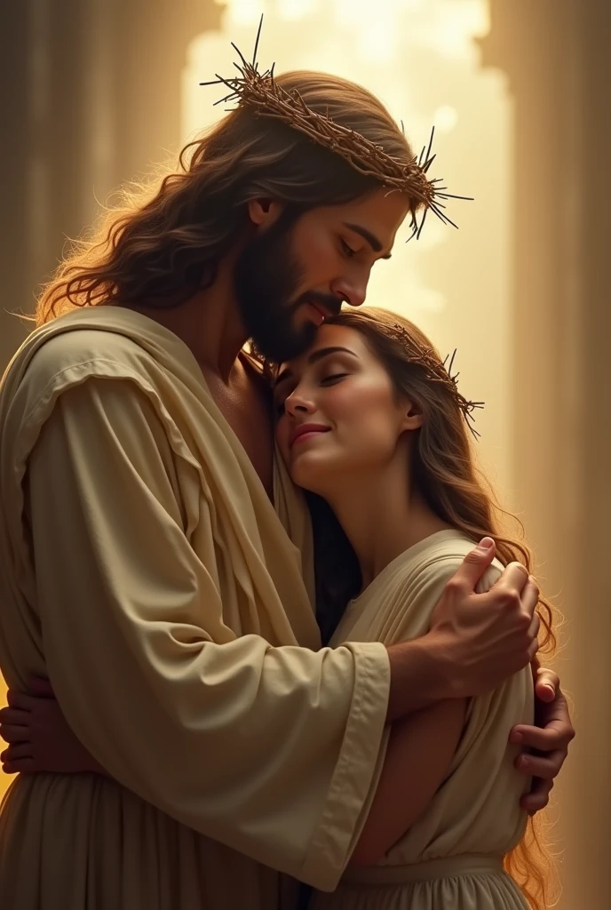 Jesus Christ with a compassionate expression, wearing a crown of thorns on His head. He is gently embracing a woman as if she were His daughter, holding her close with one arm while His other hand rests on her back. The woman looks peaceful and comforted in His embrace. The background is a soft, warm light, symbolizing divine love and grace."Would you like to generate the image now?