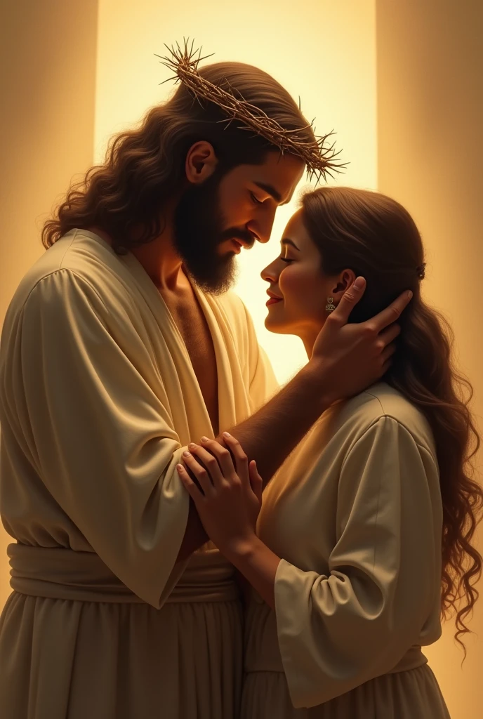 Jesus Christ with a compassionate expression, wearing a crown of thorns on His head. He is gently embracing a woman as if she were His daughter, holding her close with one arm while His other hand rests on her back. The woman looks peaceful and comforted in His embrace. The background is a soft, warm light, symbolizing divine love and grace."Would you like to generate the image now?