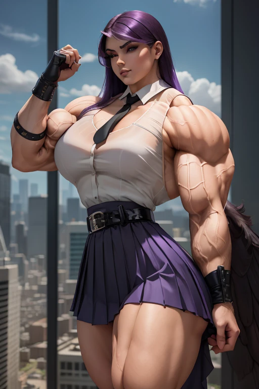 ((Close-up)), tall, (violet purple hair) beautiful muscular woman, long hair with long bangs, pale white skinned, closed smile, (black lipstick), (massive muscles), (hyper muscle), ((ginormous bulky muscles)), black eyes, (((sleeveless violet pleated shirt))), (giant angel wings), (((long pleated skirt with belt))), fingerless gloves, necktie, thigh highs, on a skyscraper,