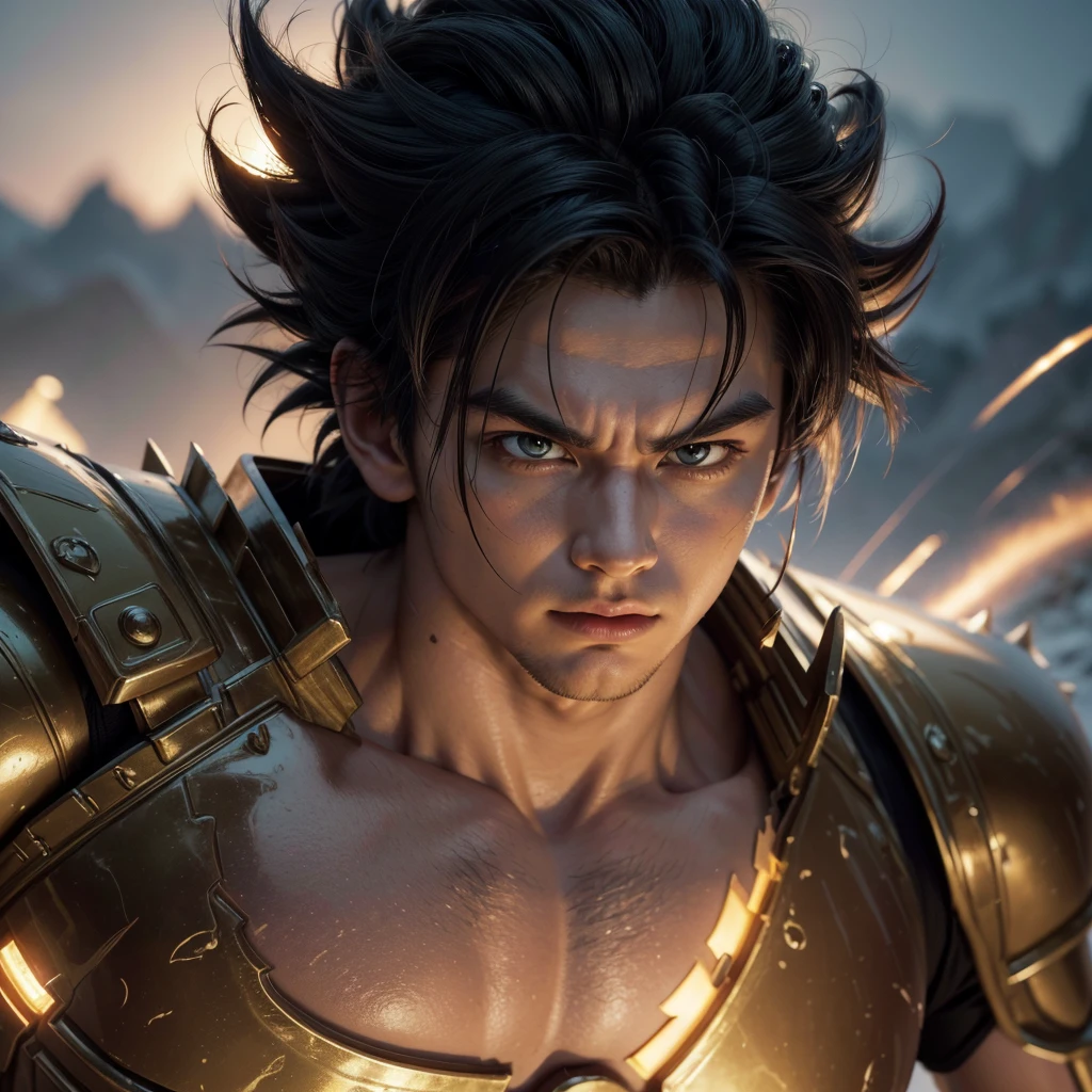(best quality,4k,8k,highres,masterpiece:1.2),ultra-detailed,(realistic,photorealistic,photo-realistic:1.37),DBZ Goku in saiyan armor,powerful saiyan warrior,muscular male character,detailed facial features,piercing eyes,spiky black hair,detailed saiyan armor,intricate armor details,glowing energy aura,dramatic lighting,cinematic composition,vibrant colors,dynamic pose,strong contrast,digital painting,concept art