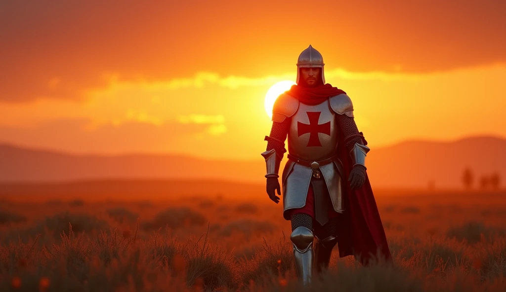 A highly realistic, high-contrast, 8K HD, detailed, hyper-detailed image of the protagonist, dressed as a Crusader knight, walking towards the viewer across a vast grassland illuminated by the warm glow of a fiery sunset. The protagonist is wearing steel armor with a red cross emblem directly painted on the chest plate. The helmet is removed, revealing his determined and strong face. The sky is ablaze with hues of orange and red, casting a dramatic light over the scene. The atmosphere is calm yet powerful, capturing the quiet resolve of the protagonist as he strides forward, his armor reflecting the soft, golden light of the setting sun. The image is of the highest quality, with ultra-high resolution, RAW photo quality, and Unreal Engine rendering, showcasing the protagonist as he moves with purpose across the sunset-lit grassland, with the Crusader cross prominently painted on his armor.
