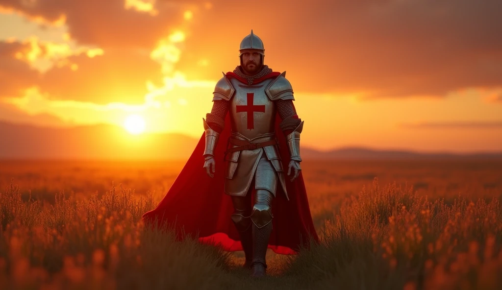 A highly realistic, high-contrast, 8K HD, detailed, hyper-detailed image of the protagonist, dressed as a Crusader knight, walking towards the viewer across a vast grassland illuminated by the warm glow of a fiery sunset. The protagonist is wearing steel armor with a red cross emblem directly painted on the chest plate. The helmet is removed, revealing his determined and strong face. The sky is ablaze with hues of orange and red, casting a dramatic light over the scene. The atmosphere is calm yet powerful, capturing the quiet resolve of the protagonist as he strides forward, his armor reflecting the soft, golden light of the setting sun. The image is of the highest quality, with ultra-high resolution, RAW photo quality, and Unreal Engine rendering, showcasing the protagonist as he moves with purpose across the sunset-lit grassland, with the Crusader cross prominently painted on his armor.
