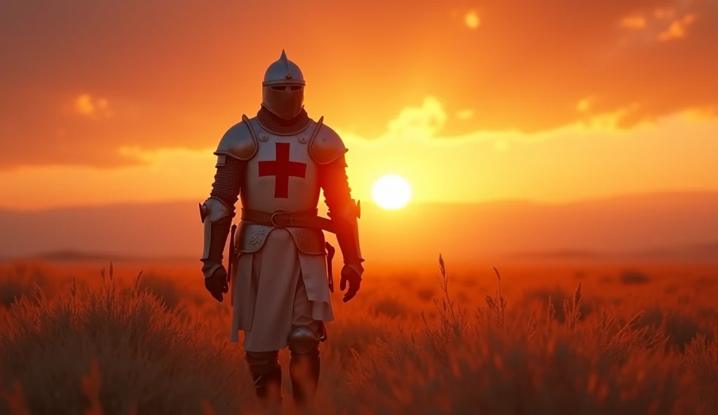 A highly realistic, high-contrast, 8K HD, detailed, hyper-detailed image of the protagonist, dressed as a Crusader knight, walking towards the viewer across a vast grassland illuminated by the warm glow of a fiery sunset. The protagonist is wearing steel armor with a red cross emblem directly painted on the chest plate. The helmet is removed, revealing his determined and strong face. The sky is ablaze with hues of orange and red, casting a dramatic light over the scene. The atmosphere is calm yet powerful, capturing the quiet resolve of the protagonist as he strides forward, his armor reflecting the soft, golden light of the setting sun. The image is of the highest quality, with ultra-high resolution, RAW photo quality, and Unreal Engine rendering, showcasing the protagonist as he moves with purpose across the sunset-lit grassland, with the Crusader cross prominently painted on his armor.