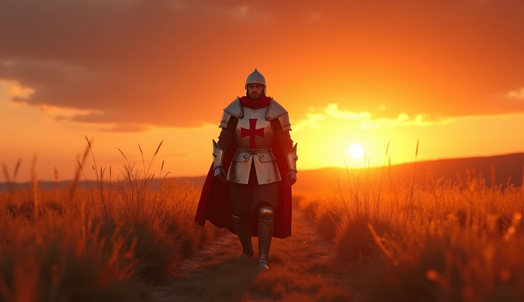 A highly realistic, high-contrast, 8K HD, detailed, hyper-detailed image of the protagonist, dressed as a Crusader knight, walking towards the viewer across a vast grassland illuminated by the warm glow of a fiery sunset. The protagonist is wearing steel armor with a red cross emblem directly painted on the chest plate. The helmet is removed, revealing his determined and strong face. The sky is ablaze with hues of orange and red, casting a dramatic light over the scene. The atmosphere is calm yet powerful, capturing the quiet resolve of the protagonist as he strides forward, his armor reflecting the soft, golden light of the setting sun. The image is of the highest quality, with ultra-high resolution, RAW photo quality, and Unreal Engine rendering, showcasing the protagonist as he moves with purpose across the sunset-lit grassland, with the Crusader cross prominently painted on his armor.
