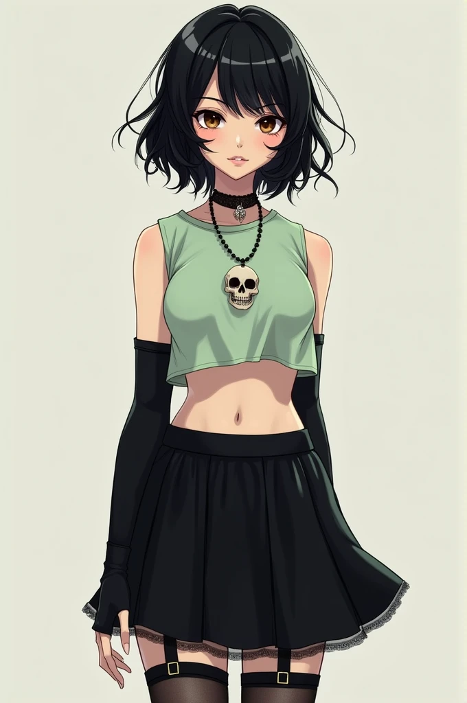 The girl had black hair, short, Wavy; slanted brown eyes; white; stomach 1,75; slightly big breasts; She was wearing a sleeveless, pastel green crop top., loose hair, black skirt, black but slightly transparent and long stockings, gothic boots, long black fingerless gloves and a skull necklace; 15 years