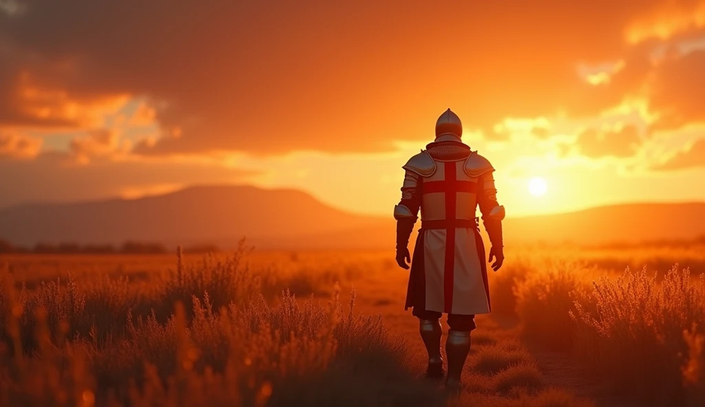 A highly realistic, high-contrast, 8K HD, detailed, hyper-detailed image of the protagonist, dressed as a Crusader knight, walking towards the viewer across a vast grassland illuminated by the warm glow of a fiery sunset. The protagonist is wearing steel armor with a red cross emblem directly painted on the chest plate. The helmet is removed, revealing his determined and strong face. The sky is ablaze with hues of orange and red, casting a dramatic light over the scene. The atmosphere is calm yet powerful, capturing the quiet resolve of the protagonist as he strides forward, his armor reflecting the soft, golden light of the setting sun. The image is of the highest quality, with ultra-high resolution, RAW photo quality, and Unreal Engine rendering, showcasing the protagonist as he moves with purpose across the sunset-lit grassland, with the Crusader cross prominently painted on his armor.