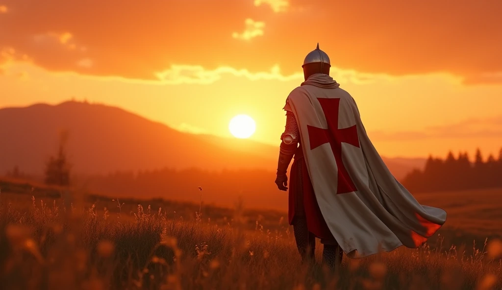 A highly realistic, high-contrast, 8K HD, detailed, hyper-detailed image of the protagonist, dressed as a Crusader knight, walking towards the viewer across a vast grassland illuminated by the warm glow of a fiery sunset. The protagonist is wearing steel armor with a red cross emblem directly painted on the chest plate. The helmet is removed, revealing his determined and strong face. The sky is ablaze with hues of orange and red, casting a dramatic light over the scene. The atmosphere is calm yet powerful, capturing the quiet resolve of the protagonist as he strides forward, his armor reflecting the soft, golden light of the setting sun. The image is of the highest quality, with ultra-high resolution, RAW photo quality, and Unreal Engine rendering, showcasing the protagonist as he moves with purpose across the sunset-lit grassland, with the Crusader cross prominently painted on his armor.