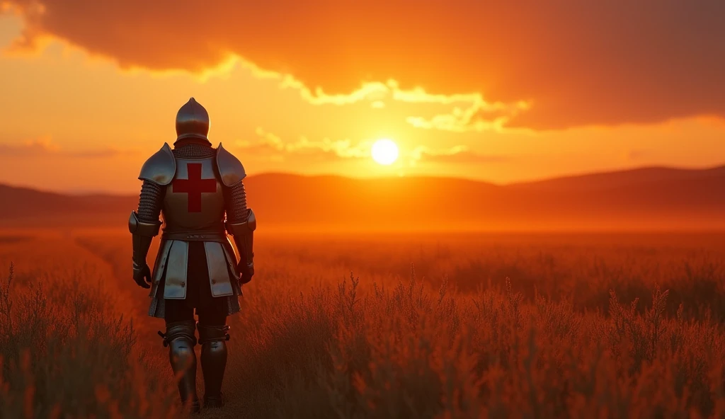 A highly realistic, high-contrast, 8K HD, detailed, hyper-detailed image of the protagonist, dressed as a Crusader knight, walking towards the viewer across a vast grassland illuminated by the warm glow of a fiery sunset. The protagonist is wearing steel armor with a red cross emblem directly painted on the chest plate. The helmet is removed, revealing his determined and strong face. The sky is ablaze with hues of orange and red, casting a dramatic light over the scene. The atmosphere is calm yet powerful, capturing the quiet resolve of the protagonist as he strides forward, his armor reflecting the soft, golden light of the setting sun. The image is of the highest quality, with ultra-high resolution, RAW photo quality, and Unreal Engine rendering, showcasing the protagonist as he moves with purpose across the sunset-lit grassland, with the Crusader cross prominently painted on his armor.