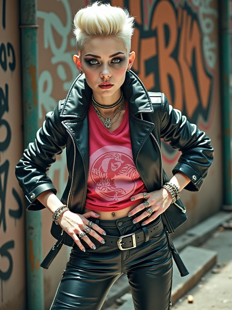 Old russian milf, platinum blonde hair in pompadour style with shaved sides, with very light blue eyes, pale, lots of eye shadows. Wearing black moto jacket, cropped rock t-shirt, black leather jeans and white tennis sneakers. Bullet belt, lots of rings and studded bracelets , Very scared, trying to hide