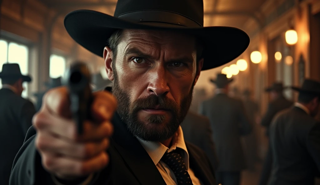 (Dramatic portrait:1.3) photo of an American wild west outlaw, with a menacing scowl and piercing eyes, (holding a Colt revolver prominently:1.4), dangerous gaze directly at camera, upper body framing, inside a gritty saloon, with blurred patrons and swinging doors in background, (low-key lighting:1.2) emphasizing facial features, shot at eye level, captured on a large format camera with (tintype effect:1.3), (high contrast:1.2), in the style of (Mathew Brady:1.3)