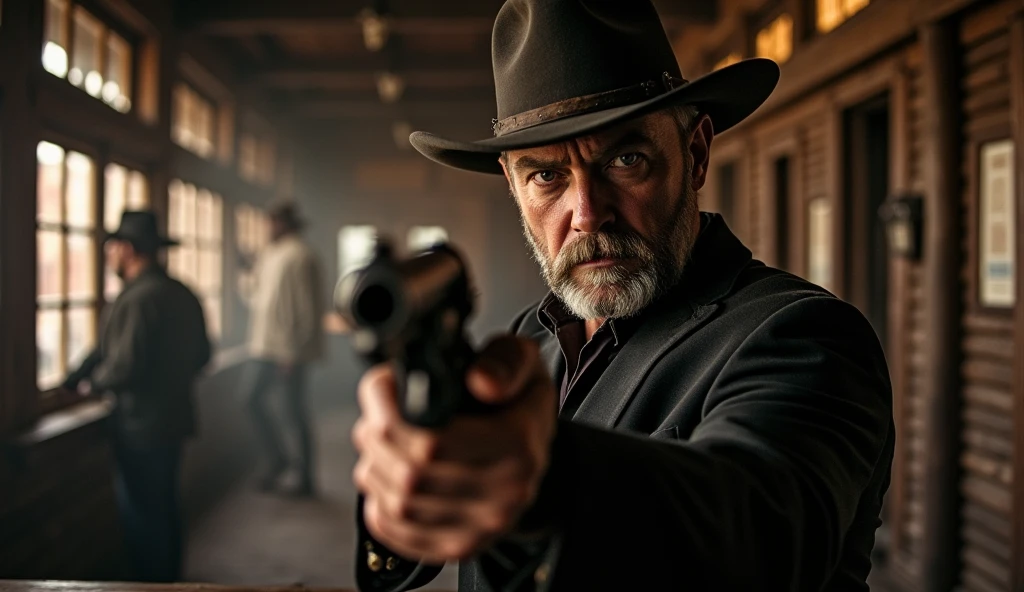 (Dramatic portrait:1.3) photo of an American wild west outlaw, with a menacing scowl and piercing eyes, (holding a Colt revolver prominently:1.4), dangerous gaze directly at camera, upper body framing, inside a gritty saloon, with blurred patrons and swinging doors in background, (low-key lighting:1.2) emphasizing facial features, shot at eye level, captured on a large format camera with (tintype effect:1.3), (high contrast:1.2), in the style of (Mathew Brady:1.3)