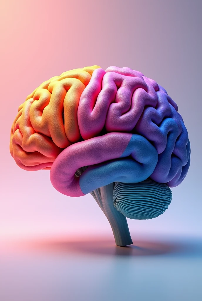 create a 3D image of a sagittal section of the brain so that the internal parts are observed and using bright colors color the cerebral cortex pink, orange hypothalamus, sky blue brainstem, purple hippocampus, turquoise cerebellum and burgundy amygdala