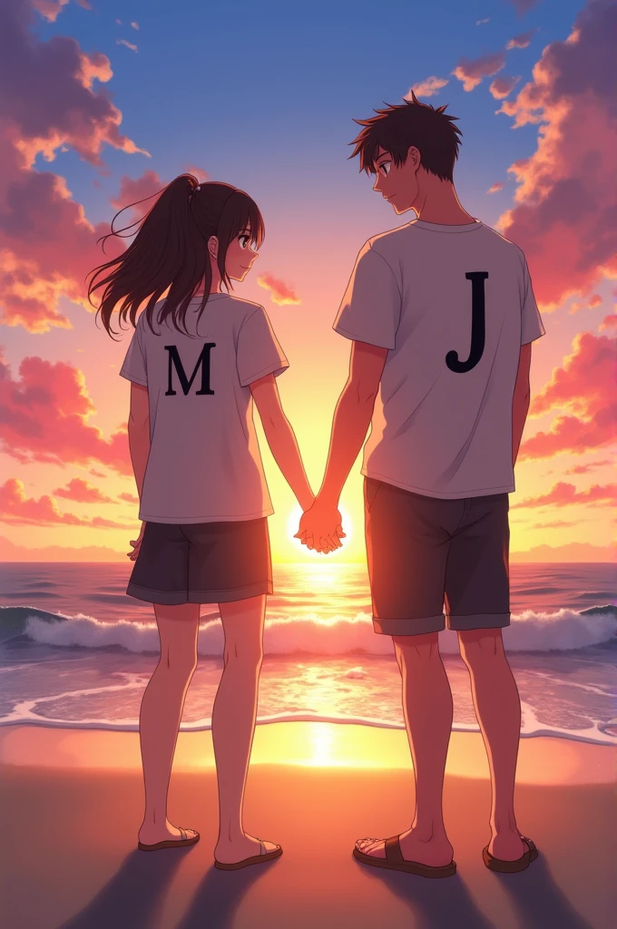 anime image, sunset at the beach, Boyfriend and girlfriend holding hands, initial J for the boyfriend on his shirt and initial M for the girlfriend on her shirt 
