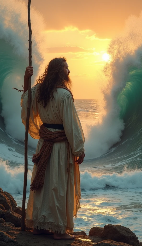 A man with a long beard and slightly long hair, wearing a quilt and old Islamic clothes, splits the sea with his stick, and each split appears very high.