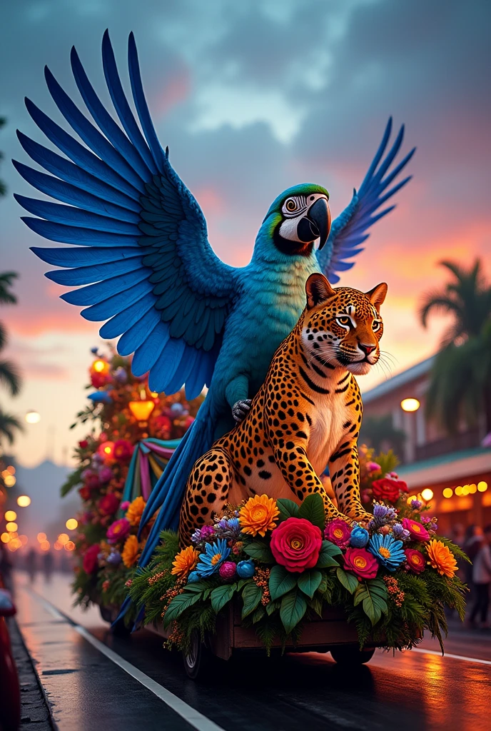 allegorical float with a large blue macaw with open wings and a jaguar head in the front with lights in its eyes