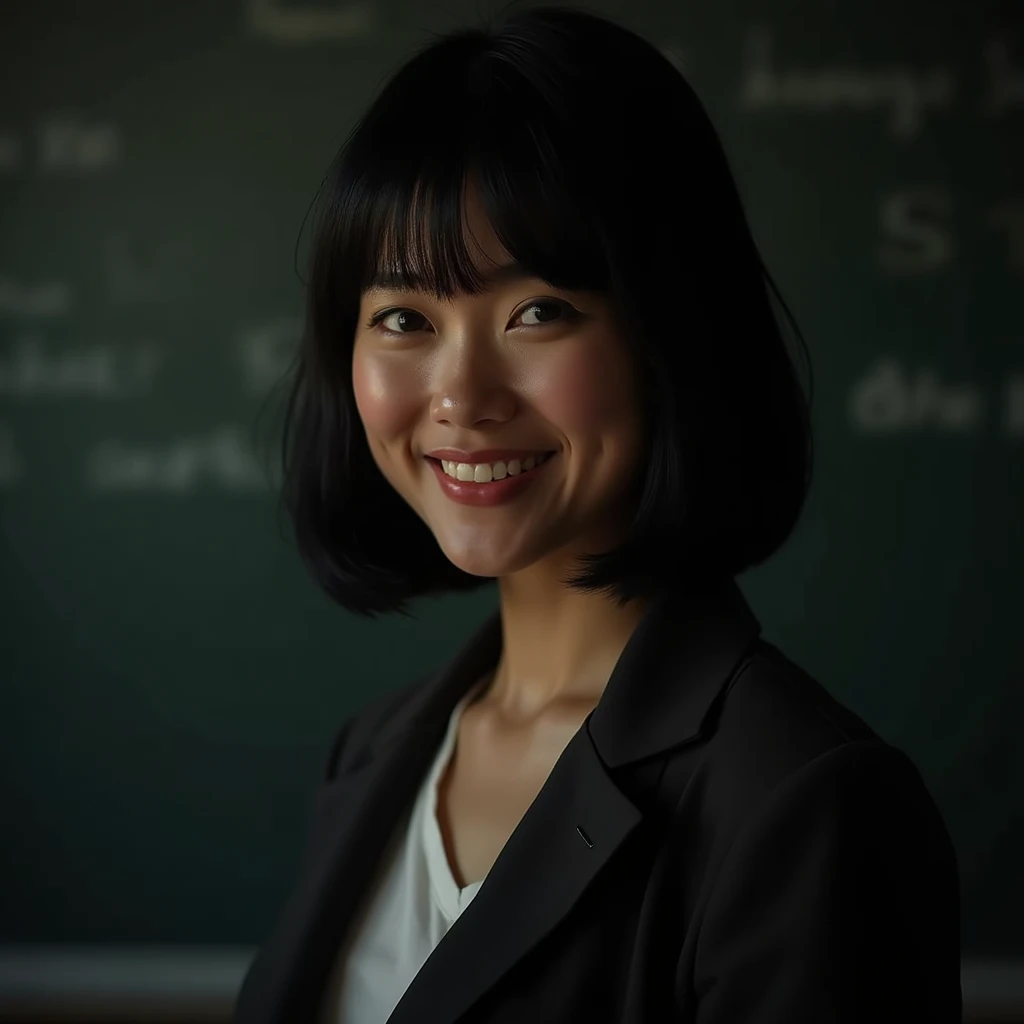 8k,Highest quality,(masterpiece:1.2),(Realistic),(Realistic:1.37),Ultra-high resolution,female,1 teacher,night,smile,Beautiful Eyes,(((Cute naked))),Perfect body,gravure,Detailed face and skin texture,fine grain,RAW Photos,Black Hair,Short bob blushing, masterpiece, 