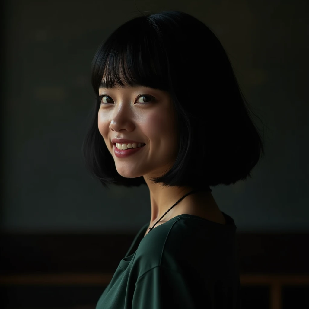8k,Highest quality,(masterpiece:1.2),(Realistic),(Realistic:1.37),Ultra-high resolution,female,1 teacher,night,smile,Beautiful Eyes,(((Cute ))),Perfect body,gravure,Detailed face and skin texture,fine grain,RAW Photos,Black Hair,Short bob blushing, masterpiece,