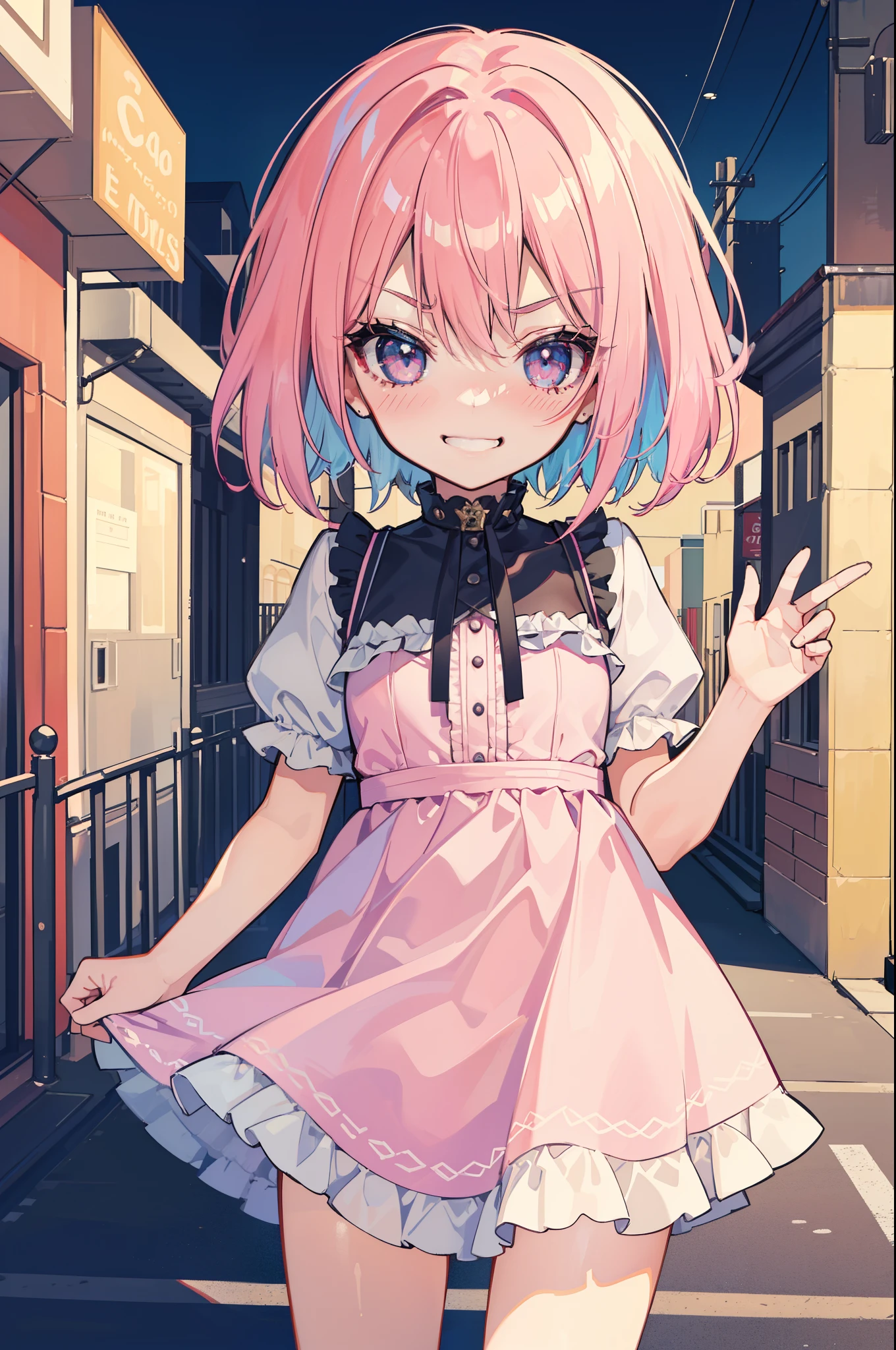 (perfection:1.1), (flawless:1.1), (best quality:1.2), (highest quality:1.2), urban street, 1girl, (evil smirk:1.1), (loli:1.1), (child:1.1), cute short pink dress, (blushing:1.1), colorful hair, short hair, small breasts, (best quality eyes:1.1), highly detailed, 8k, best quality resolution, (best quality upscale:1.1)