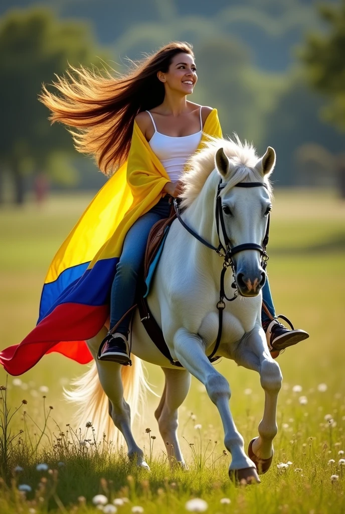 Woman with straight brown hair on a white horse with the Venezuelan flag