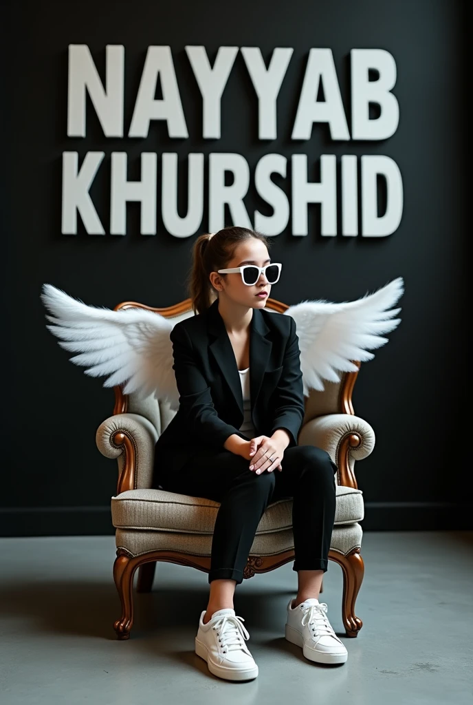 create a 3d illusion picture where a stylish GIRL in a sist casually on a wingback chair wearing sneaker sexy suitand sunglasses he looks ahead the back groud features NAYYAB KHURSHID in big and capital white font on the black wall must clearly visible there sould not bi his shadow and there are wings to make it apear as if he is an angle