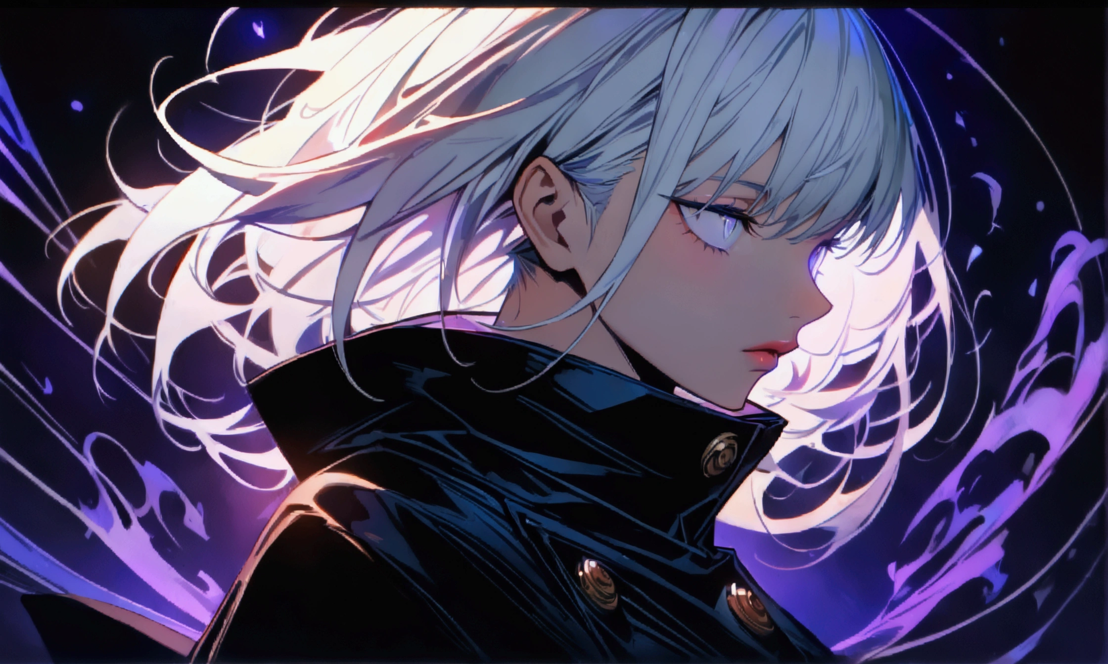 Woman, white eye, white hair with purple highlights, black outfit with high collar, ((Intricate anime character design inspired by Jujutsu Kaisen)), ((Stunning lighting)), ((Fine lines)), ((Stunning focus)), ((Stunning face)), ((Detailed focus)), ((Detailed background)), ((Ultra-fine 2D design)), ((Background full of creativity)), ((2D masterpiece)), ((Best quality), ((8K)), ((Anime style))