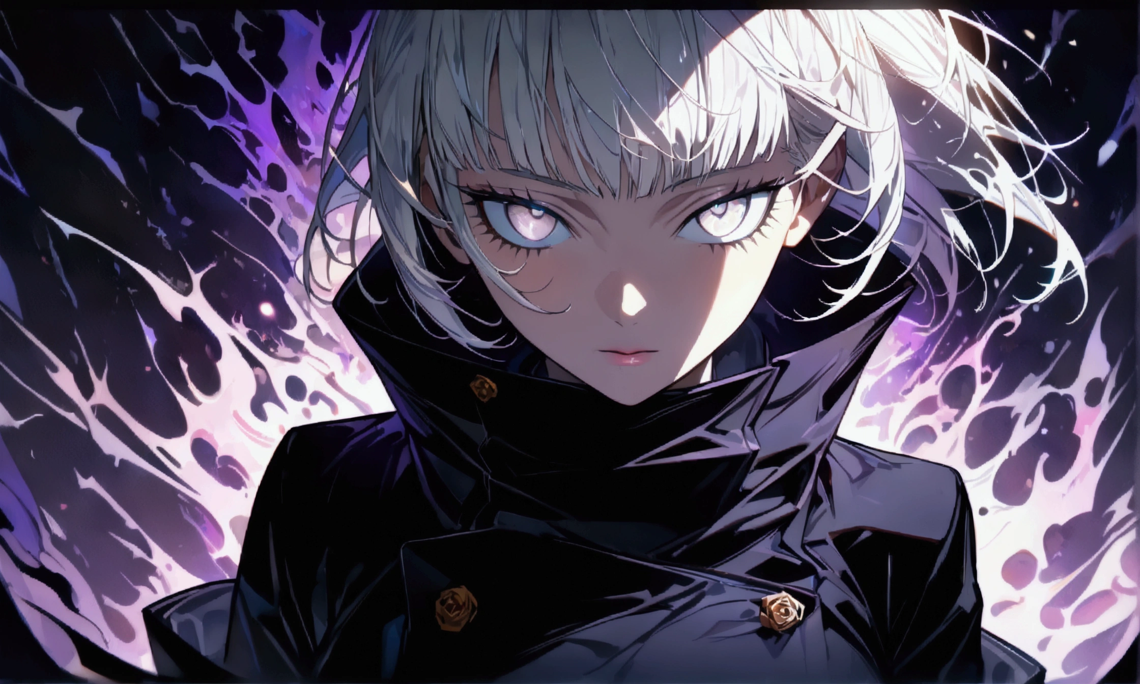 Woman, white eye, white hair with purple highlights, black outfit with high collar, ((Intricate anime character design inspired by Jujutsu Kaisen)), ((Stunning lighting)), ((Fine lines)), ((Stunning focus)), ((Stunning face)), ((Detailed focus)), ((Detailed background)), ((Ultra-fine 2D design)), ((Background full of creativity)), ((2D masterpiece)), ((Best quality), ((8K)), ((Anime style))