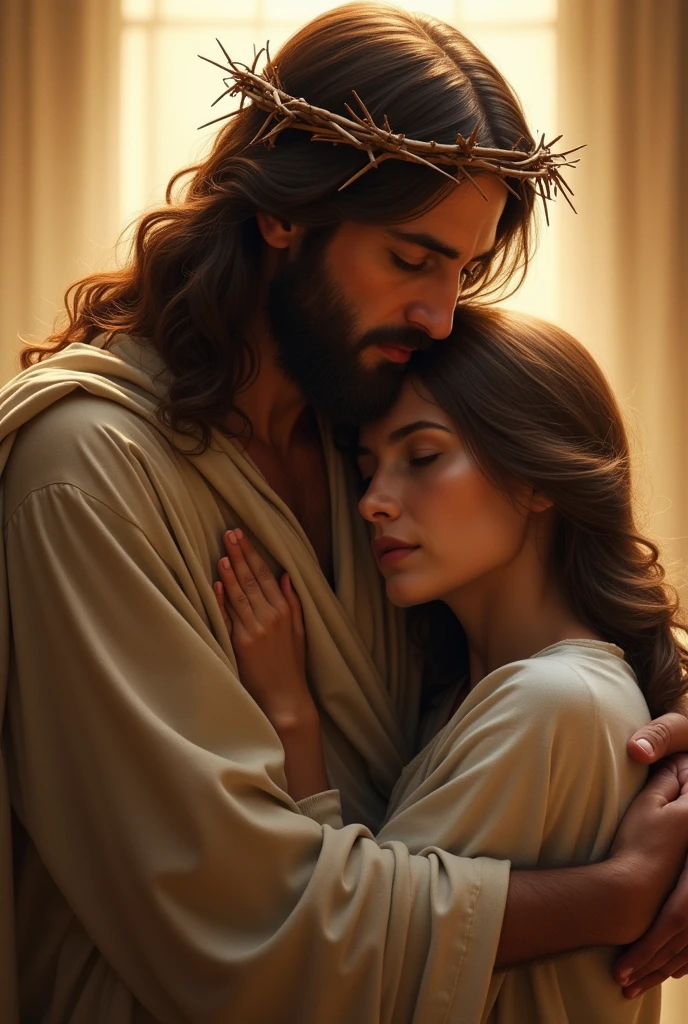 Jesus Christ with a compassionate expression, wearing a crown of thorns on His head. He is gently embracing a woman as if she were His daughter, holding her close with one arm while His other hand rests on her back. The woman looks peaceful and comforted in His embrace. The background is a soft, warm light, symbolizing divine love and grace."Would you like to generate the image now?