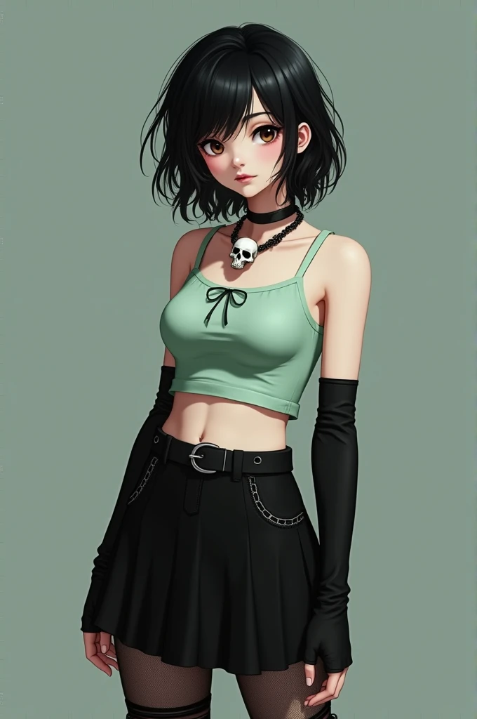 The girl had black hair, short, Wavy; slanted brown eyes; white; stomach 1,75; slightly big breasts; She was wearing a sleeveless, pastel green crop top., loose hair, black skirt, black but slightly transparent and long stockings, gothic boots, long black fingerless gloves and a skull necklace; 15 years